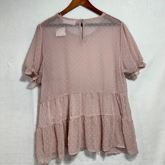 June & Hudson XL Sheer Pink Top Tiered Short Sleeve Polka Dot Coquette Ruffles - Picture 4 of 9
